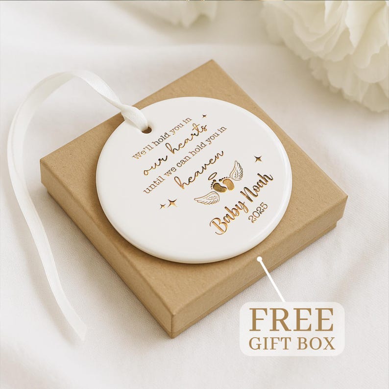 This engraved Christmas ornament, a Personalized Miscarriage Ceramic Ornament, is a touching ceramic Christmas tree ornament memorial.