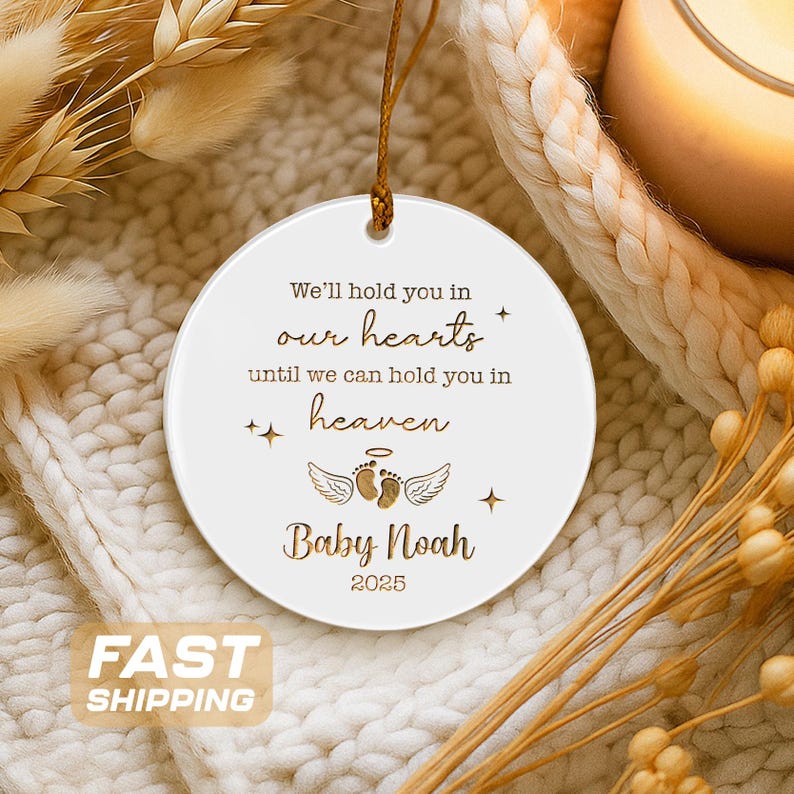 A custom Personalized Miscarriage Ceramic Ornament, a unique pregnancy loss gift and memorial ornament for a lost baby.