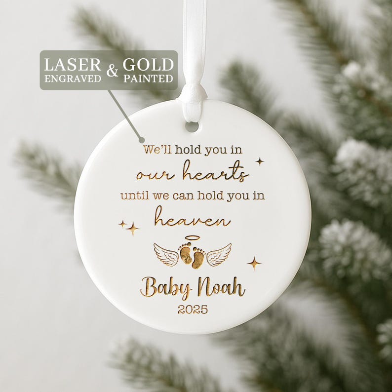 Close-up of a ceramic Christmas tree ornament, this Personalized Miscarriage Ornament is a cherished sympathy gift for loss.