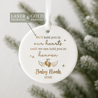 Close-up of a ceramic Christmas tree ornament, this Personalized Miscarriage Ornament is a cherished sympathy gift for loss.