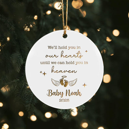 This custom memorial ornament, a Personalized Miscarriage Ceramic Ornament, is a thoughtful ceramic Christmas tree ornament.
