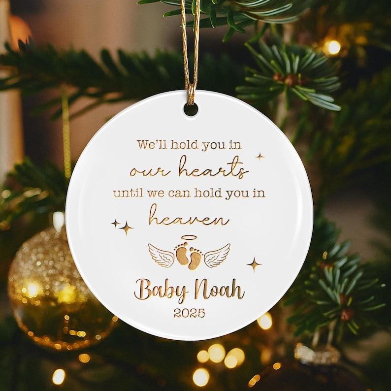 A heartfelt sympathy gift, the Personalized Miscarriage Ceramic Ornament is a unique infant loss ornament and engraved Christmas ornament.