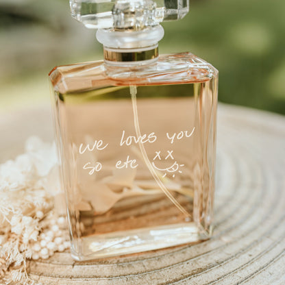 Meaningful Personalized Mom Glass Perfume Bottle with Handwriting presented as memorable mother of the bride gifts  