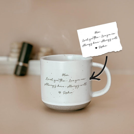 A Personalized Mom Pottery Mug with Message, the perfect custom coffee mug for Mother's Day.