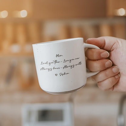 Show your love with a Personalized Mom Pottery Mug with Message, a custom ceramic mug she'll cherish.
