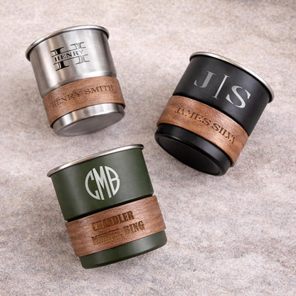 Personalized monogram dad camping mug, a unique custom camp mug and engraved Father's Day gift.