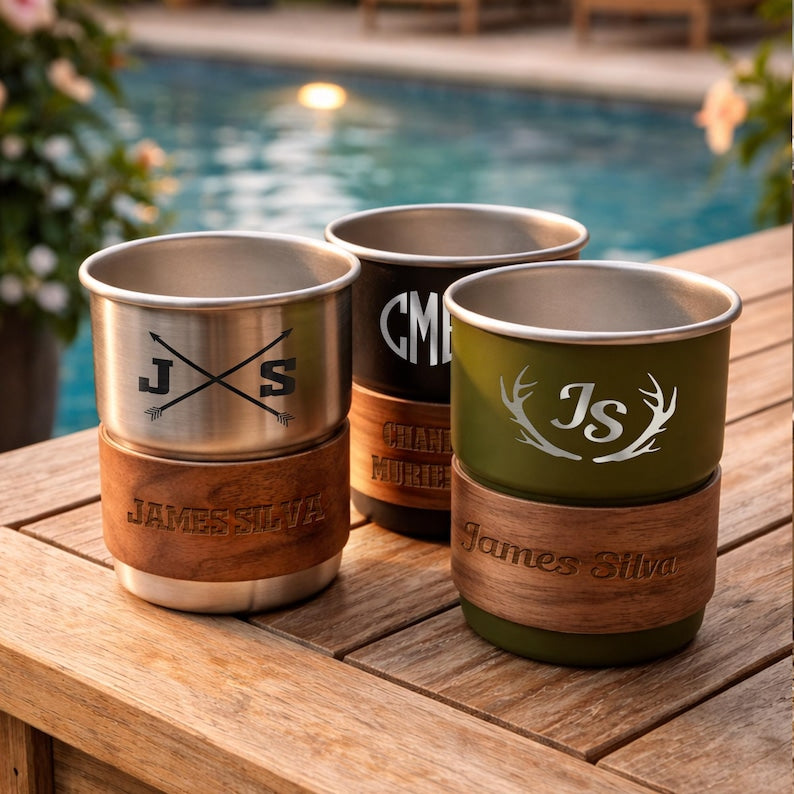 Custom stainless steel travel mug with a monogram initial, the perfect camping gift for dad.