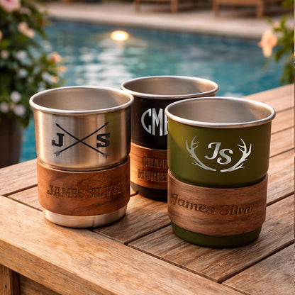 Custom stainless steel travel mug with a monogram initial, the perfect camping gift for dad.