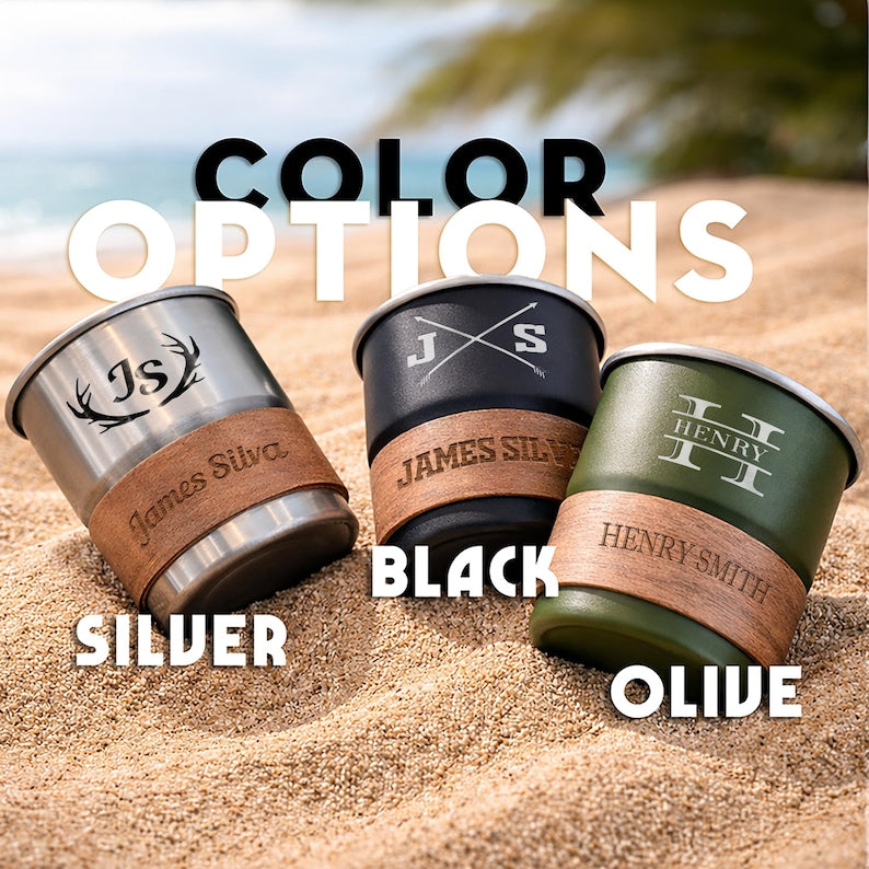Stainless steel camping mug with initial, a high-quality dad camping mug and durable outdoor travel cup.