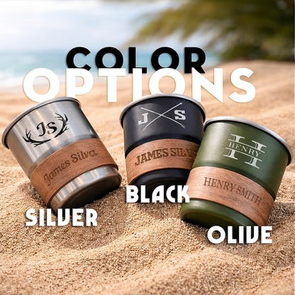 Stainless steel camping mug with initial, a high-quality dad camping mug and durable outdoor travel cup.