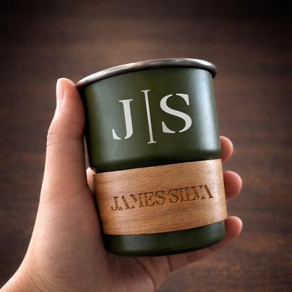 Personalized camping mug stainless steel cup, a premium engraved gift for dad who loves the outdoors.