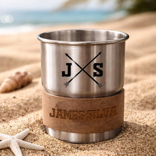Mugs with initial and stainless camp cup, a personalized Father's Day camping gift for a rugged look.