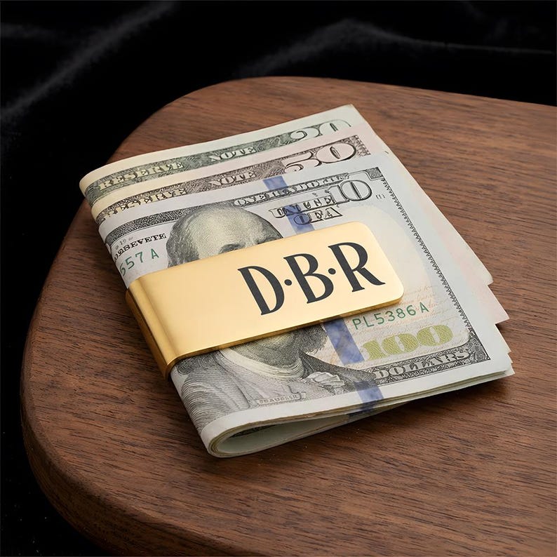 Personalized monogram money clip, a unique custom money clip and engraved Father's Day gift for dad.