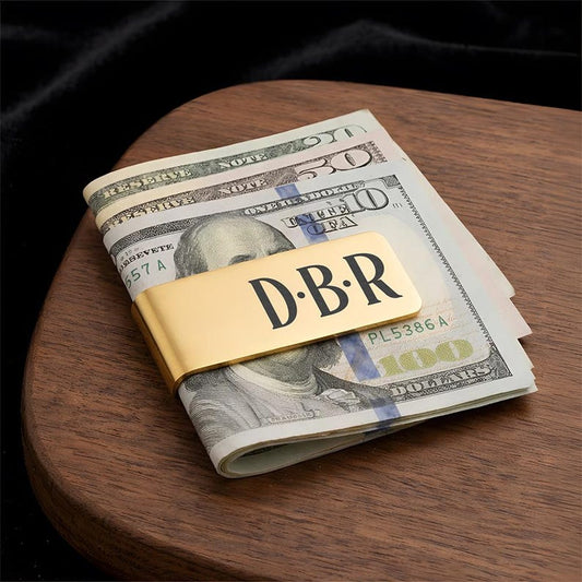 Personalized monogram money clip, a unique custom money clip and engraved Father's Day gift for dad.