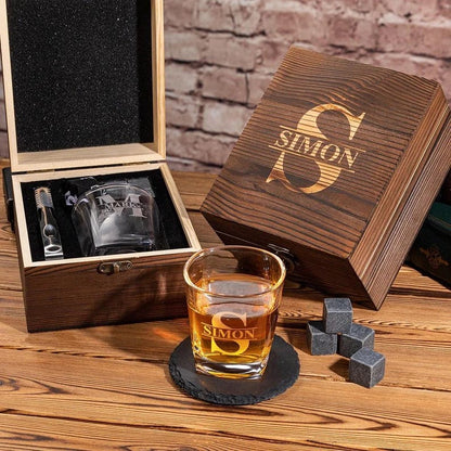 Personalized Monogram Whiskey Set, a unique monogram whiskey set and ideal groomsmen gift.