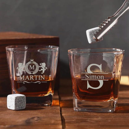 The perfect groomsmen gifts, this Personalized Monogram Whiskey Set is a custom whiskey glass and stone set personalized.