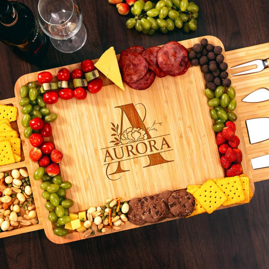 Personalized Monogrammed Bamboo Charcuterie Board, an elegant custom wedding gift with an engraved initial.