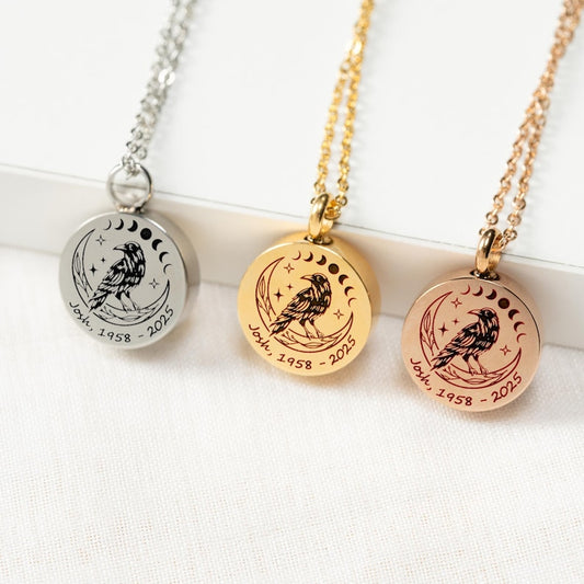 Personalized Moon Raven Urn Necklace for ashes, a mystical and unique memorial gift to honor a loved one.