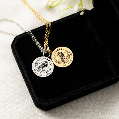 This custom crow necklace serves as a heartfelt sympathy gift, blending nature and lunar phase aesthetics.