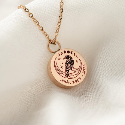 Elegant moon raven jewelry and personalized ash necklace, serving as a lasting and unique condolence gift.