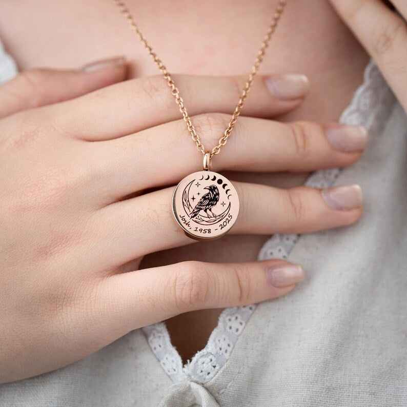Customized memorial necklace in memory of a loved one, this lunar cycle necklace is a touching mourning gift.