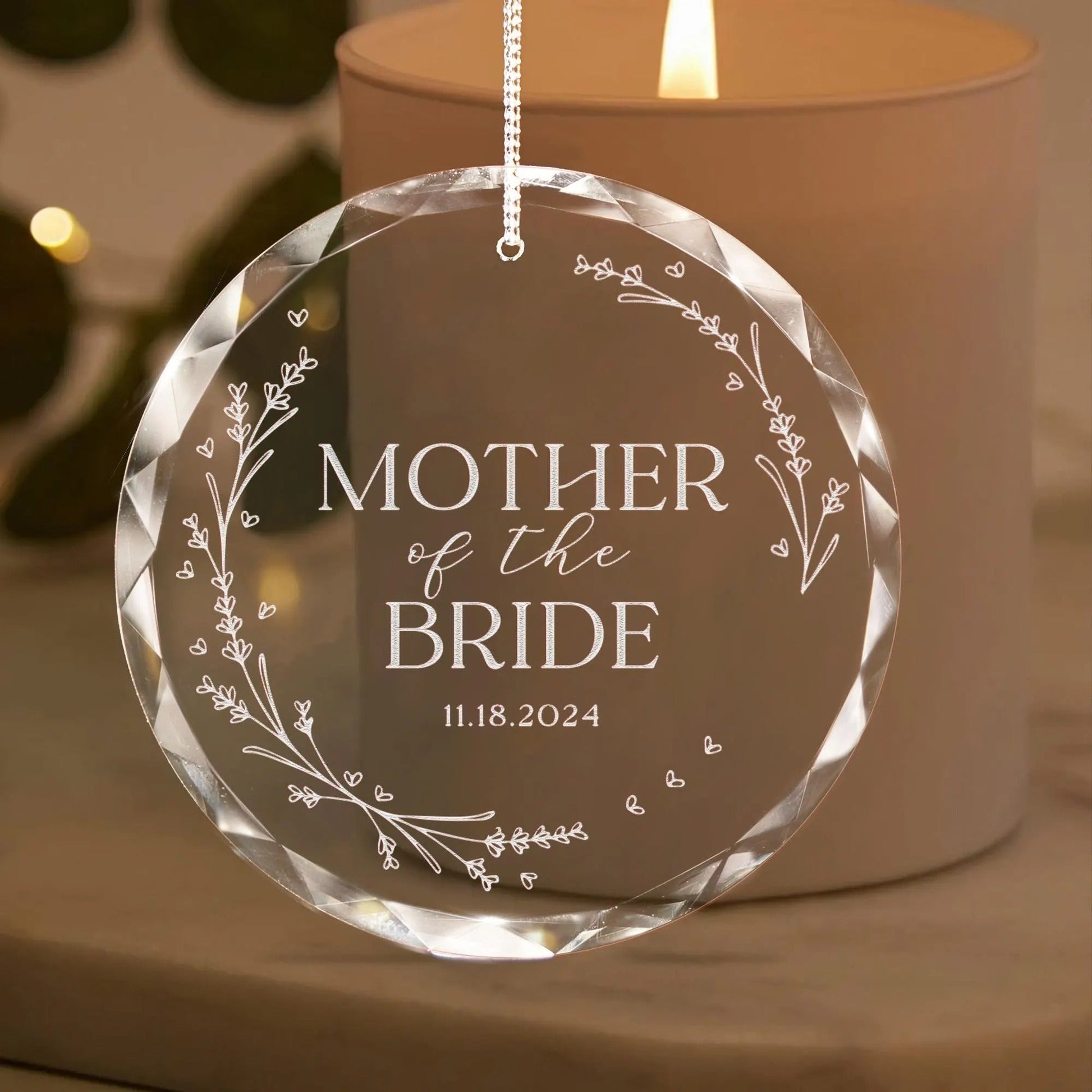 Wedding gift for groom's mother paired with personalized glass ornament keepsake  