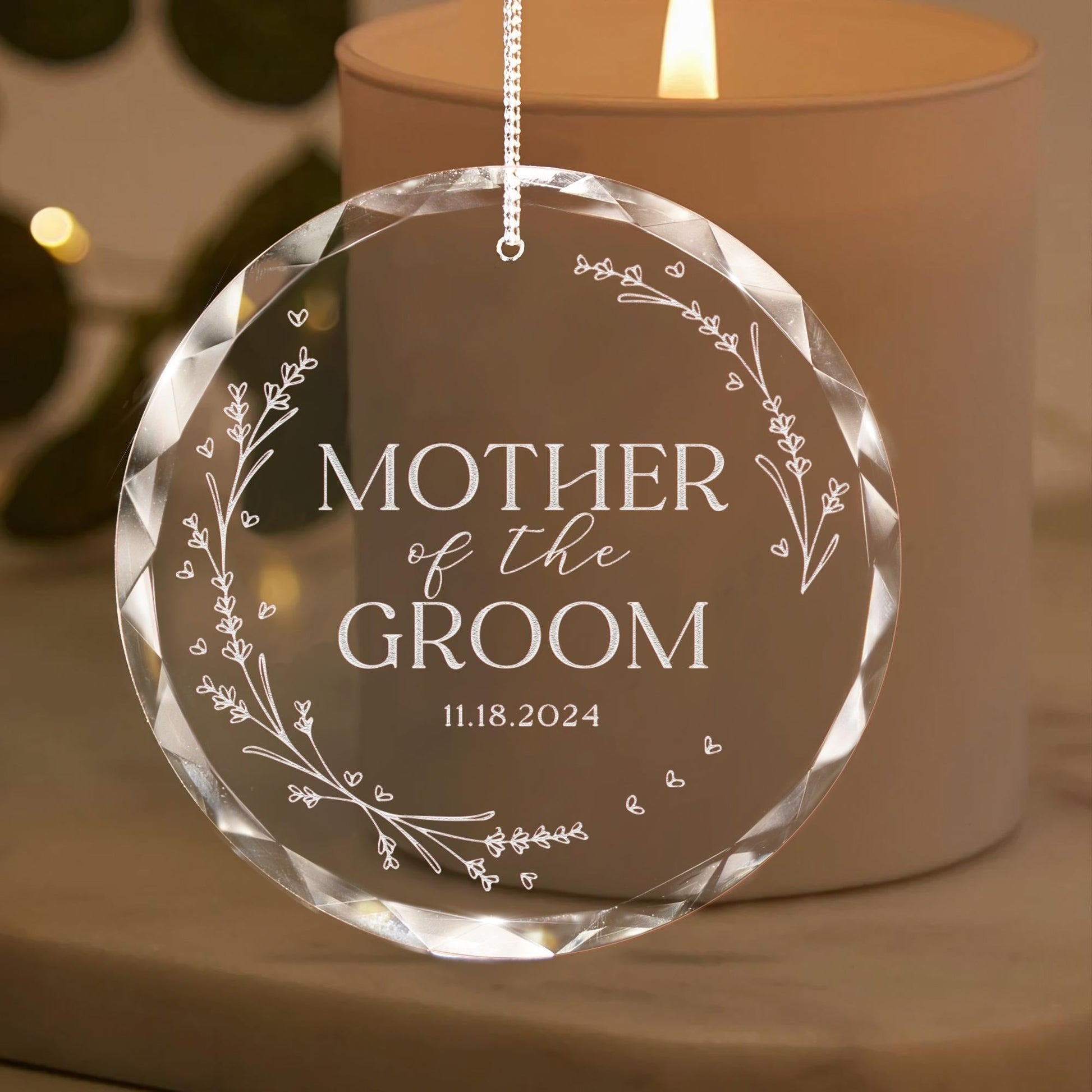 Wedding ornaments for parents include custom glass ornaments for bride's mother  