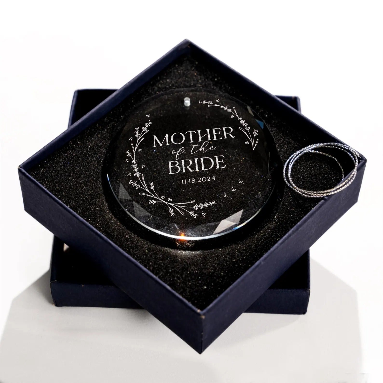 Mother of the groom gifts like personalized glass wedding ornaments  
