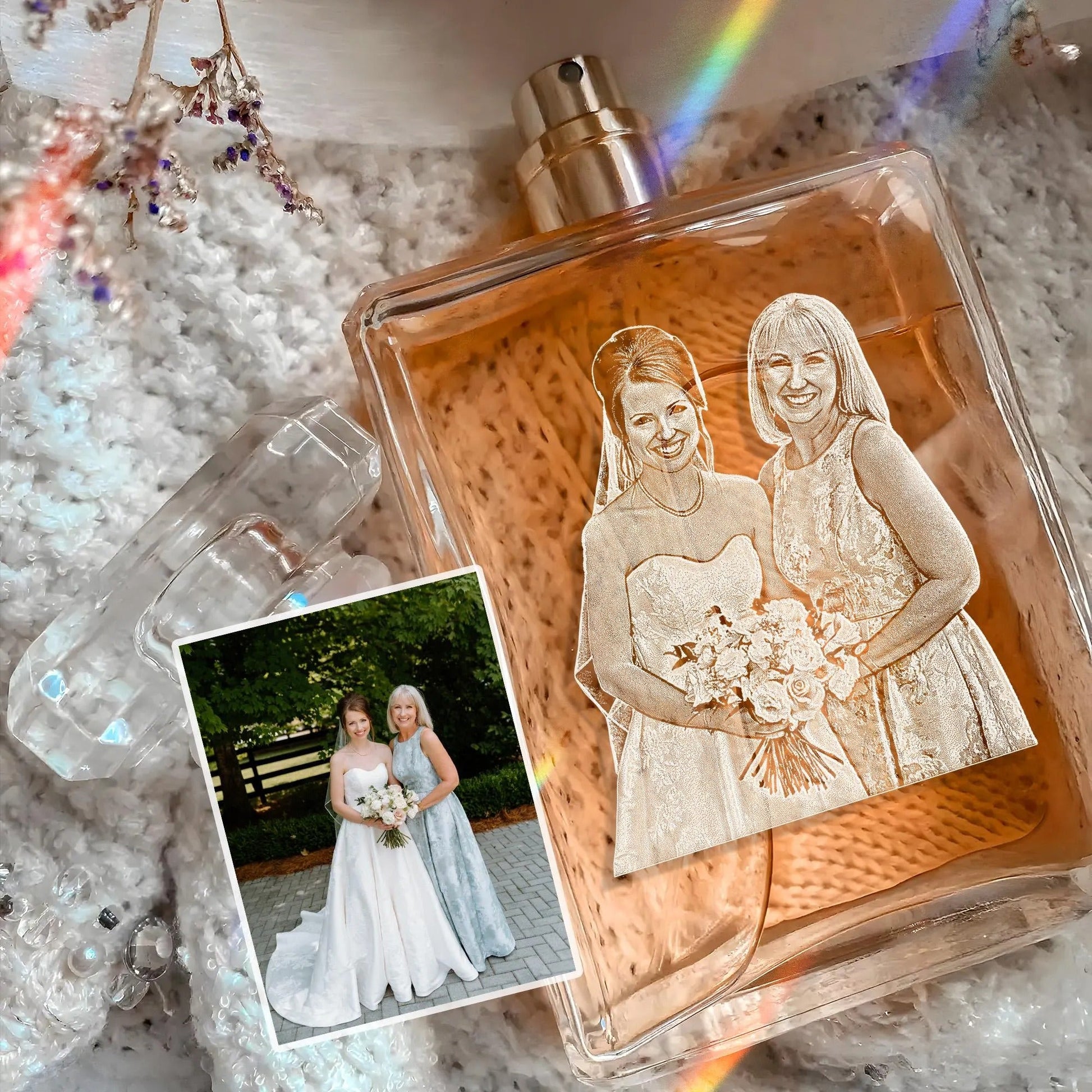 Unique Personalized Mother of the Bride Glass Perfume Bottle with Photo ideal as mother of the groom gifts and special family heirloom  