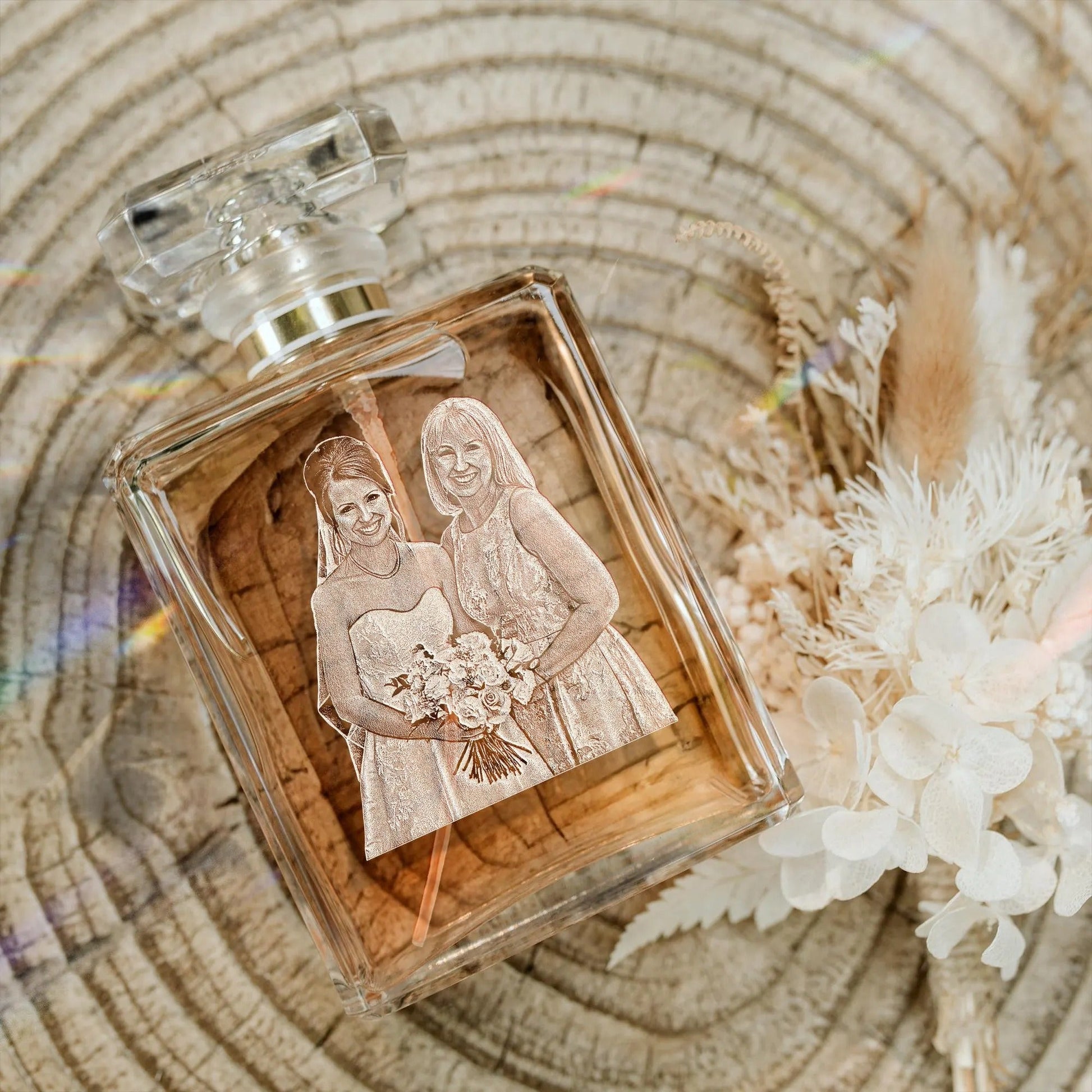 Elegant Personalized Mother of the Bride Glass Perfume Bottle with Photo crafted as meaningful wedding gift for mom and bridal keepsake  