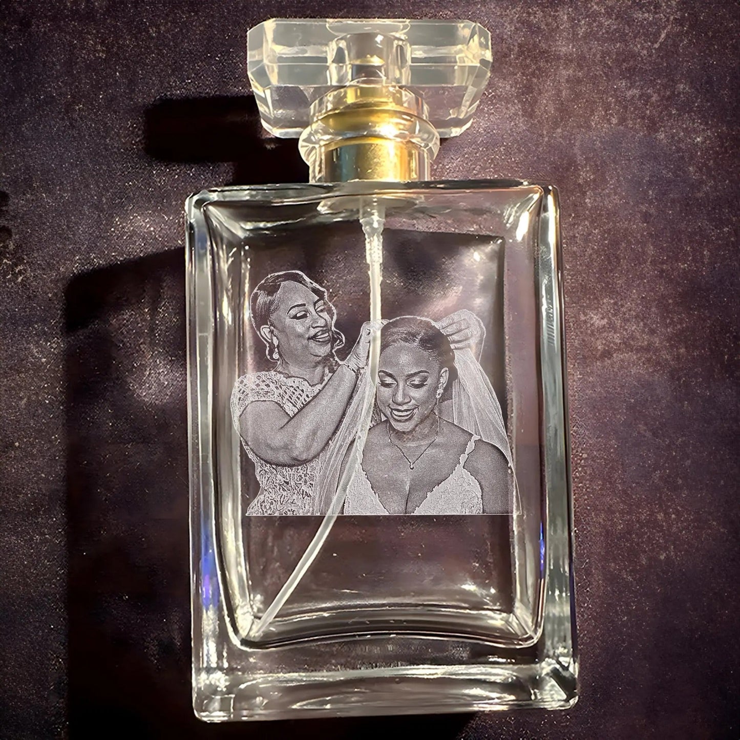 Meaningful Personalized Mother of the Bride Glass Perfume Bottle with Photo created as lasting mother daughter wedding gifts and heirloom  