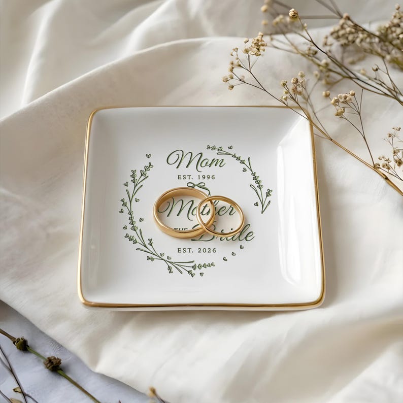 Durable personalized jewelry dish, providing a meaningful way for the Mother of the Bride to store rings.