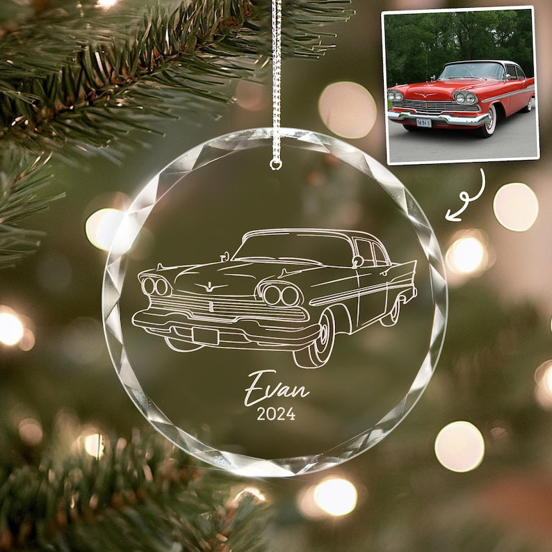 A Personalized New Car Glass Ornament, a unique new car ornament and perfect gift for new car owners.