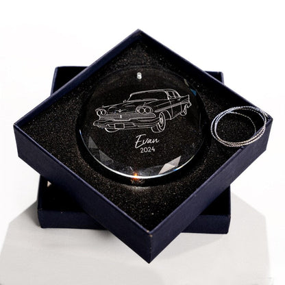 This engraved Christmas ornament is a Personalized New Car Glass Ornament, an ideal personalized glass ornament for a new vehicle.