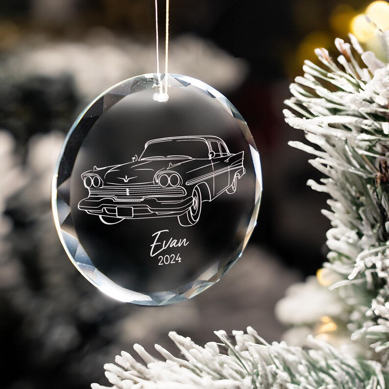 A beautiful new car ornament, the Personalized New Car Glass Ornament serves as a lasting engraved Christmas ornament.