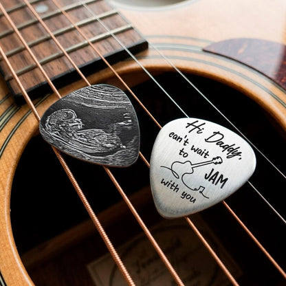 Durable laser engraved guitar pick, providing a professional way to showcase newborn baby memories.