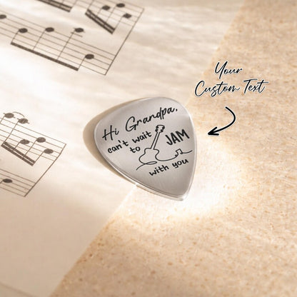 Customized guitar plectrum for dads-to-be, perfect for the guitar player celebrating his first child.