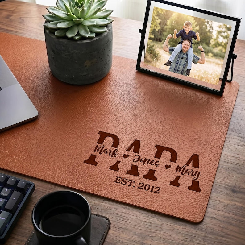 Custom leather desk mat featuring personalized leather mouse pad design, perfect as gifts for new dads.
