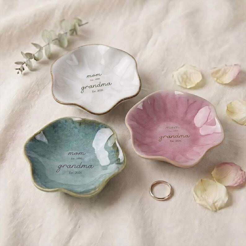 Durable personalized jewelry dish, providing a meaningful way for first-time grandmas to store rings.