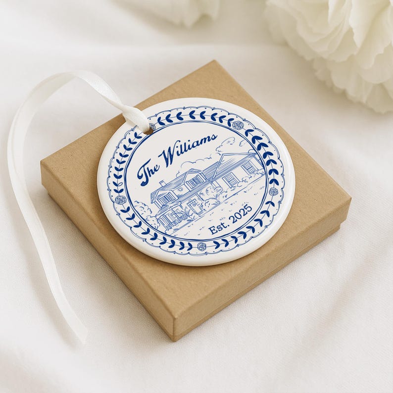 This ceramic Christmas tree ornament, a Personalized New Home Ceramic Ornament, is a custom photo ornament and cherished keepsake.