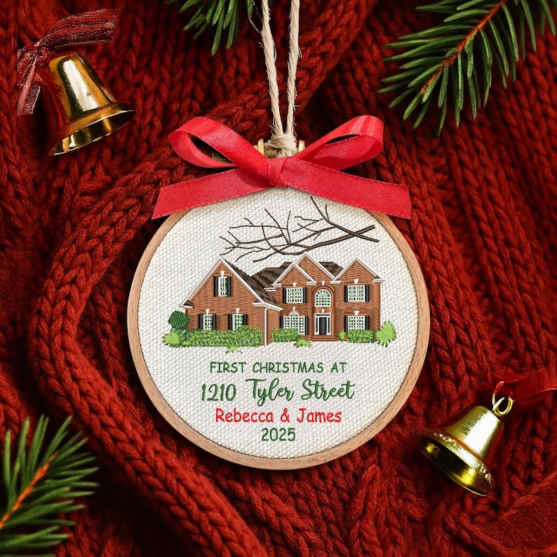 A Personalized New Home Embroidered Ornament, a unique embroidery ornament and perfect house warming gift for new owners.