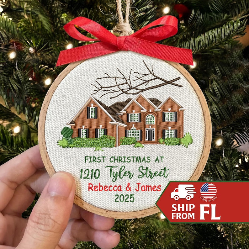 This new home ornament, a Personalized New Home Embroidered Ornament, is a custom photo ornament and personalized Christmas ornament.
