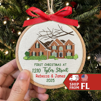 This new home ornament, a Personalized New Home Embroidered Ornament, is a custom photo ornament and personalized Christmas ornament.