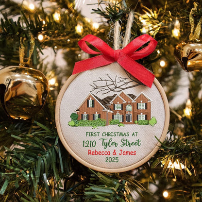 This custom photo ornament is a Personalized New Home Embroidered Ornament, a beautiful embroidery ornament featuring a 'photo in ornament' design.