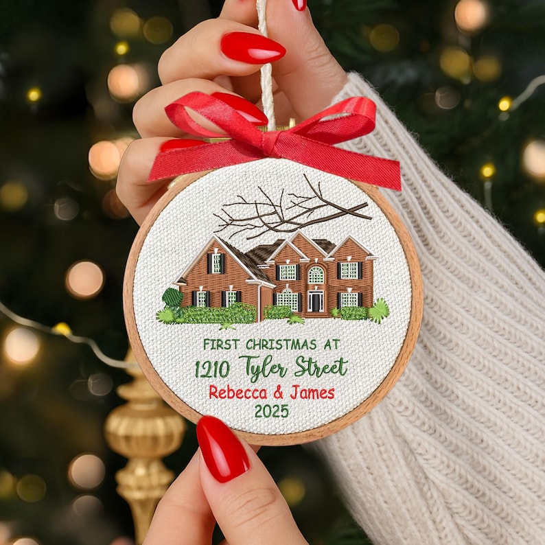 An elegant personalized Christmas ornament, the Personalized New Home Embroidered Ornament serves as a thoughtful house warming gift.