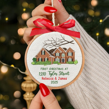 An elegant personalized Christmas ornament, the Personalized New Home Embroidered Ornament serves as a thoughtful house warming gift.