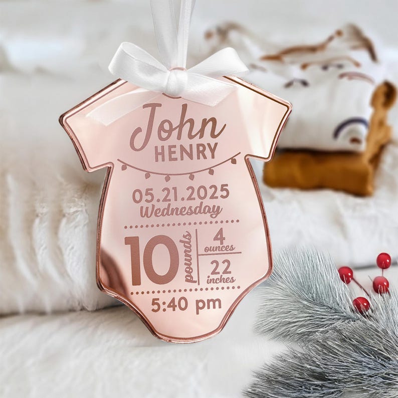 A Personalized Newborn Birth Stats Acrylic Ornament, a beautiful engraved Christmas ornament and cherished birth stats ornament.