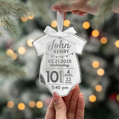 This acrylic ornament, a Personalized Newborn Birth Stats Acrylic Ornament, is the perfect newborn Christmas ornament for a baby's first holiday.