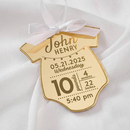 A custom Personalized Newborn Birth Stats Acrylic Ornament, a unique first Christmas ornament and keepsake with all birth details.
