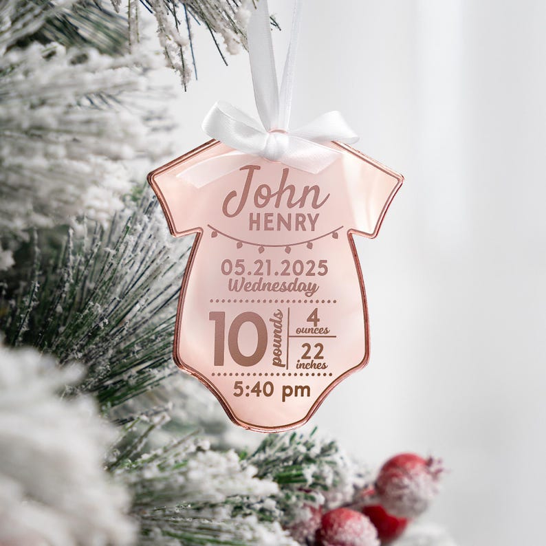 Close-up of an acrylic ornament, the Personalized Newborn Birth Stats Acrylic Ornament is an ideal birth stats ornament and gift.